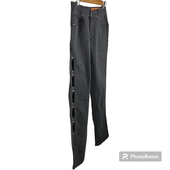 Vintage Lawman Cut Out Sides Studded Slim Fit Western Jeans Black VTG Size 7 - Picture 3 of 11